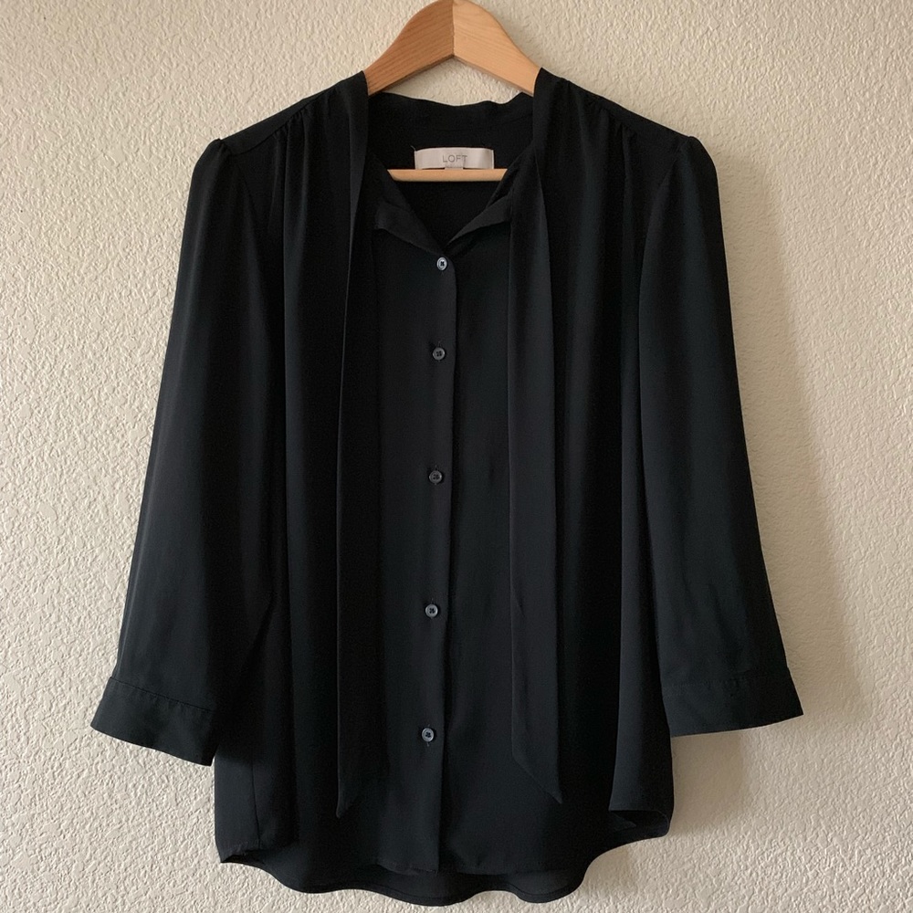 LOFT Black Tie-Neck Blouse
